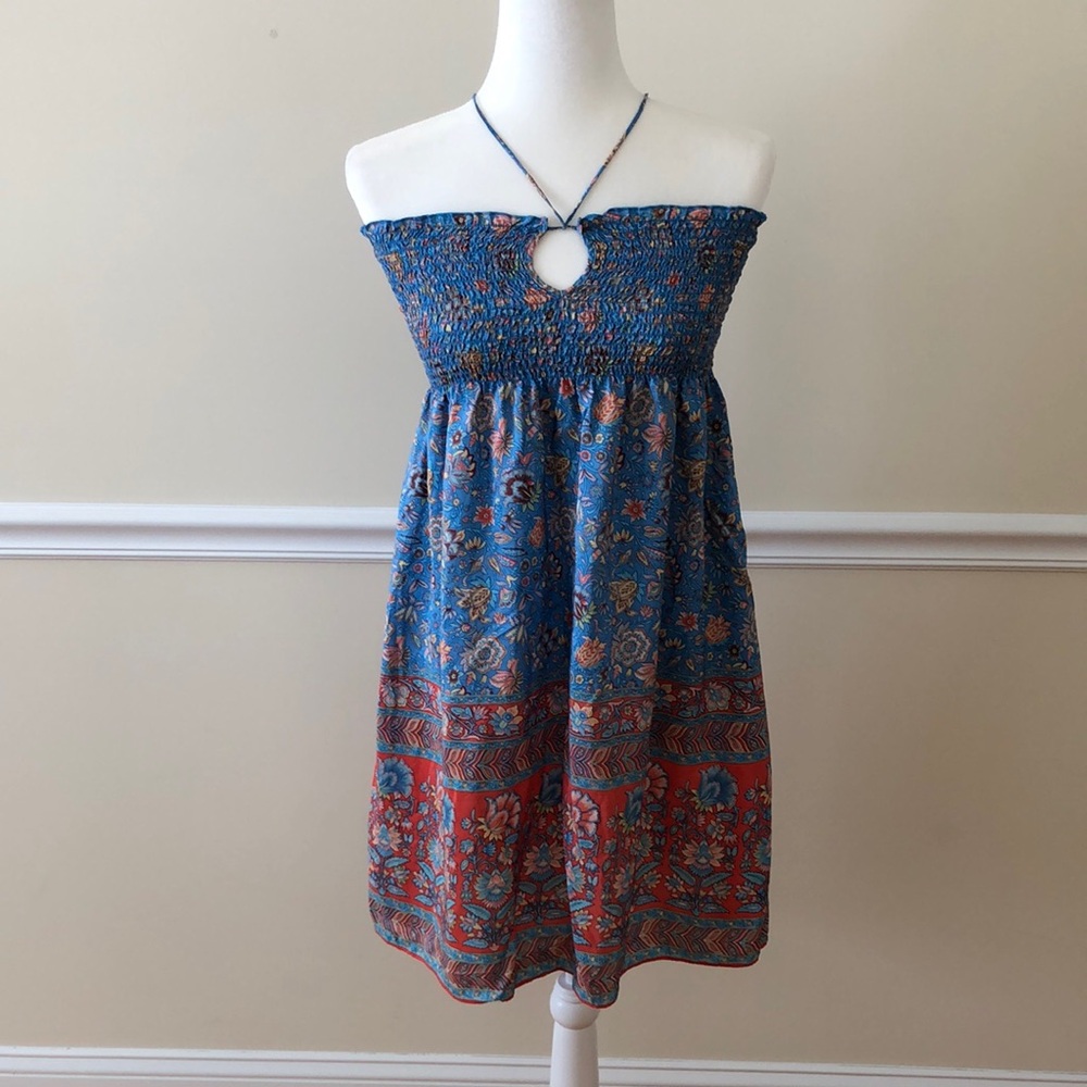 Christiane Celle Calypso Blue and Red Bohemian 100% Silk Strapless Dress Size M
